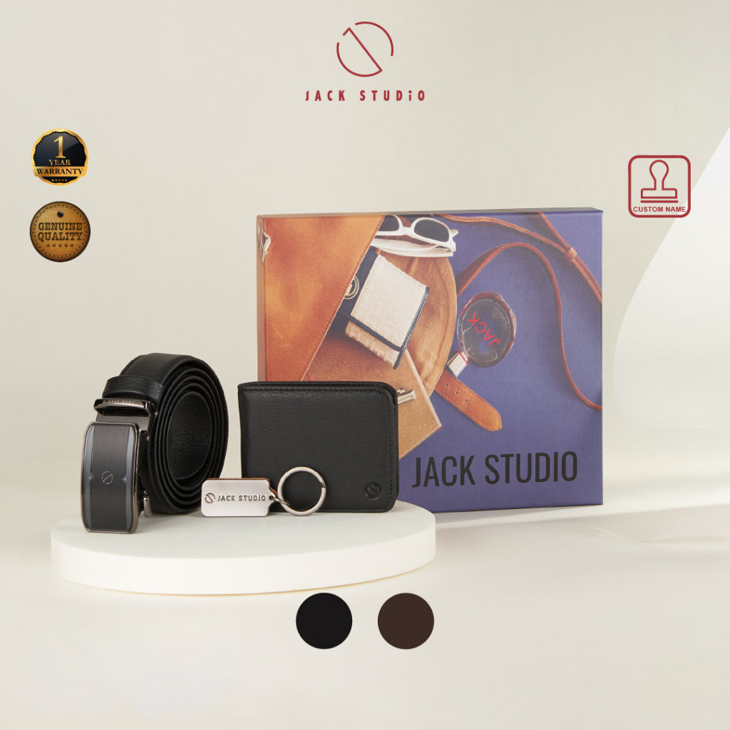 Jack Studio Men Gift Box 3-in-1 Set Full Grain Genuine Leather Wallet & Men Belt & Keychain – JS SET