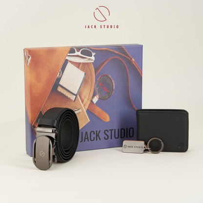 Jack Studio Men Gift Box 3-in-1 Set Full Grain Genuine Leather Wallet & Men Belt & Keychain – JS SET