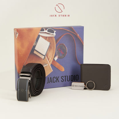 Jack Studio Men Gift Box 3-in-1 Set Full Grain Genuine Leather Wallet & Men Belt & Keychain – JS SET