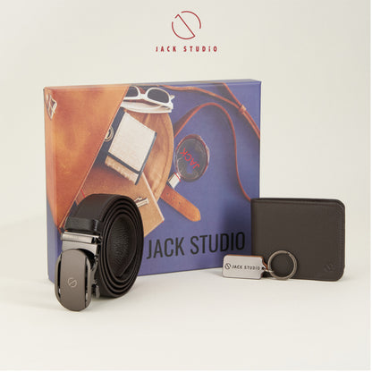 Jack Studio Men Gift Box 3-in-1 Set Full Grain Genuine Leather Wallet & Men Belt & Keychain – JS SET