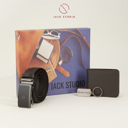 Jack Studio Men Gift Box 3-in-1 Set Full Grain Genuine Leather Wallet & Men Belt & Keychain – JS SET